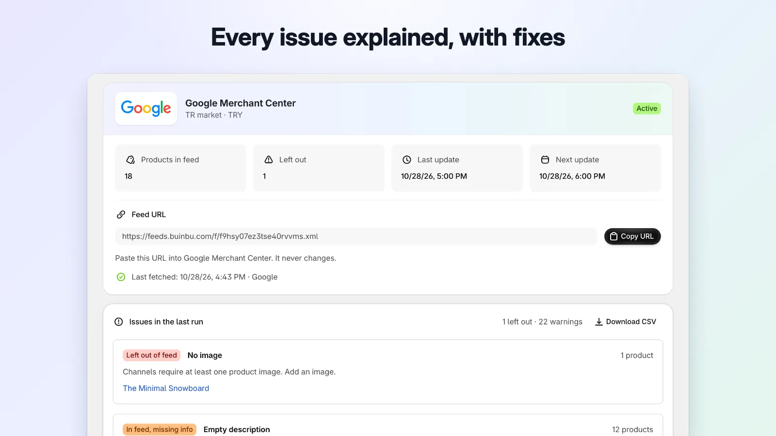 Google feed detail with a fixed feed URL, last fetch by Google, and issues grouped with fixes and affected products