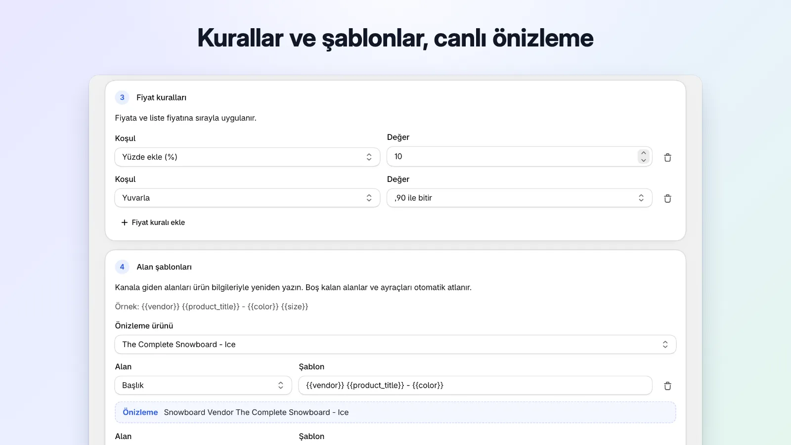 Yüzde 10 kâr, ,90 yuvarlama ve örnek üründe canlı önizlenen alan şablonlarını gösteren filtre düzenleyici