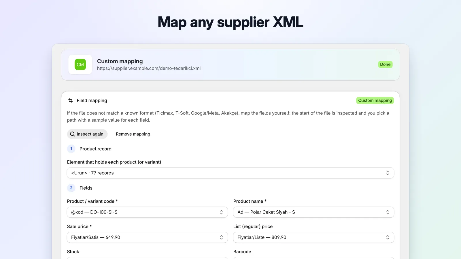 Field mapping for a custom supplier XML: each store field is matched to a source path shown with a sample value