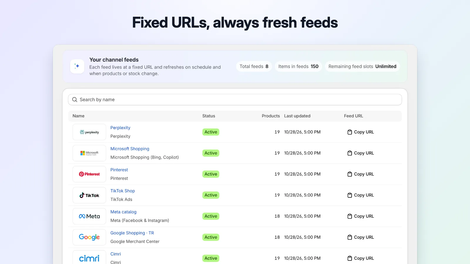 Feed list for eight channels with status, product counts, last update time and a copy URL button